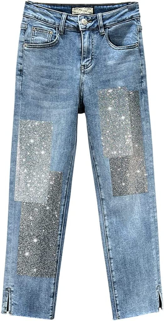 jeans Straight Jeans for Women Spring Summer Stretchy Jean High Waist Slimming Hot Drilling Denim Pants Jeans (Color : Picture color, Size : 29 code)