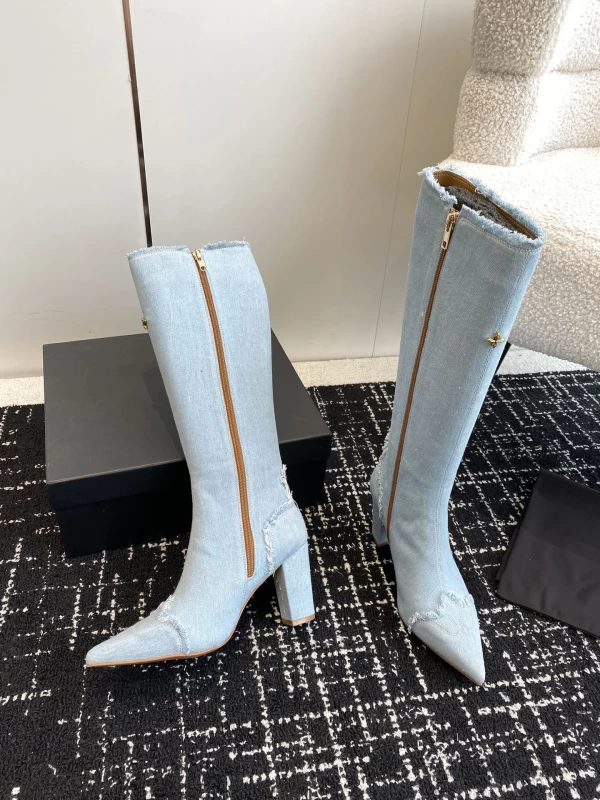 SMFK Women‘s High Boot Denim Blue High Heel Side Zipper Pointed Toe Women's Boot Vintage Cross Flower Knee Length Boots