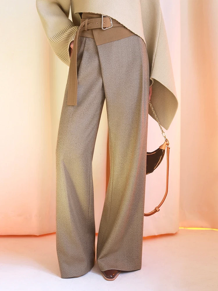 TWOTWINSTYLE Spliced Belt Casual Straight Leg Pants For Women High Waist Minimalist Hit Color Wide Leg Pant Female Fashion New