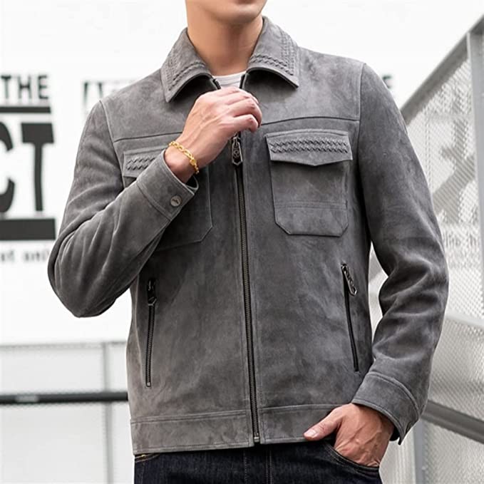 CZDYUF Leather Jacket Men's Lapel Leather Nubuck Autumn and Winter Short Leather Jacket Thin Coat (Color : D, Size : 4X-Large)