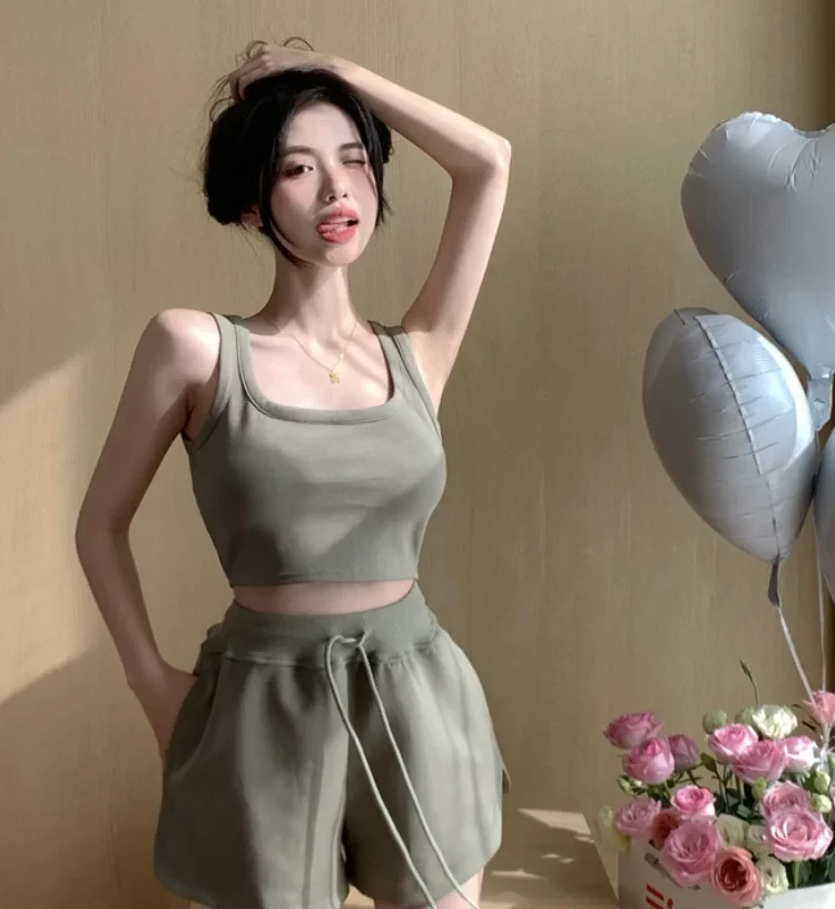 Summer Womens Two Piece Loungewear Shorts Sets Solid Athleisure Casual Outfits Tank Biker Shorts and Cropped Top Sportswear Sets