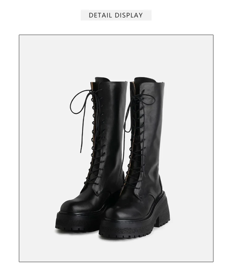 MUMANI Women‘s New Genuine Leather Knee High Boots Super High British Style Punk Zip Cross Tied Platform Riding Motorcycle Boots