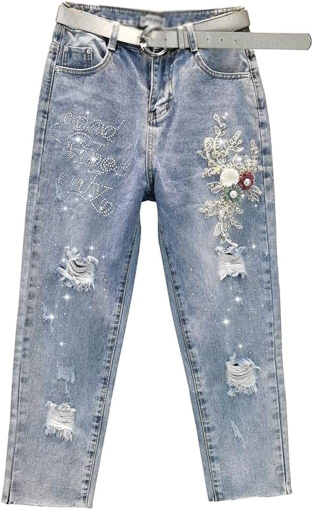 jeans Holes Jeans for Women Summer High Waist Loose Rhinestone Embroidered Baggy Pants Leisure Cowboy Pants (Color : Picture color, Size : XXXL code)