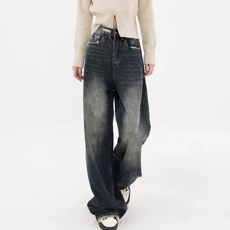 Woman American Style Padded Jeans Female Autumn Winter Shaped Y2k Figure Big Yards High Waisted Thin Retro Wide Legged Trousers