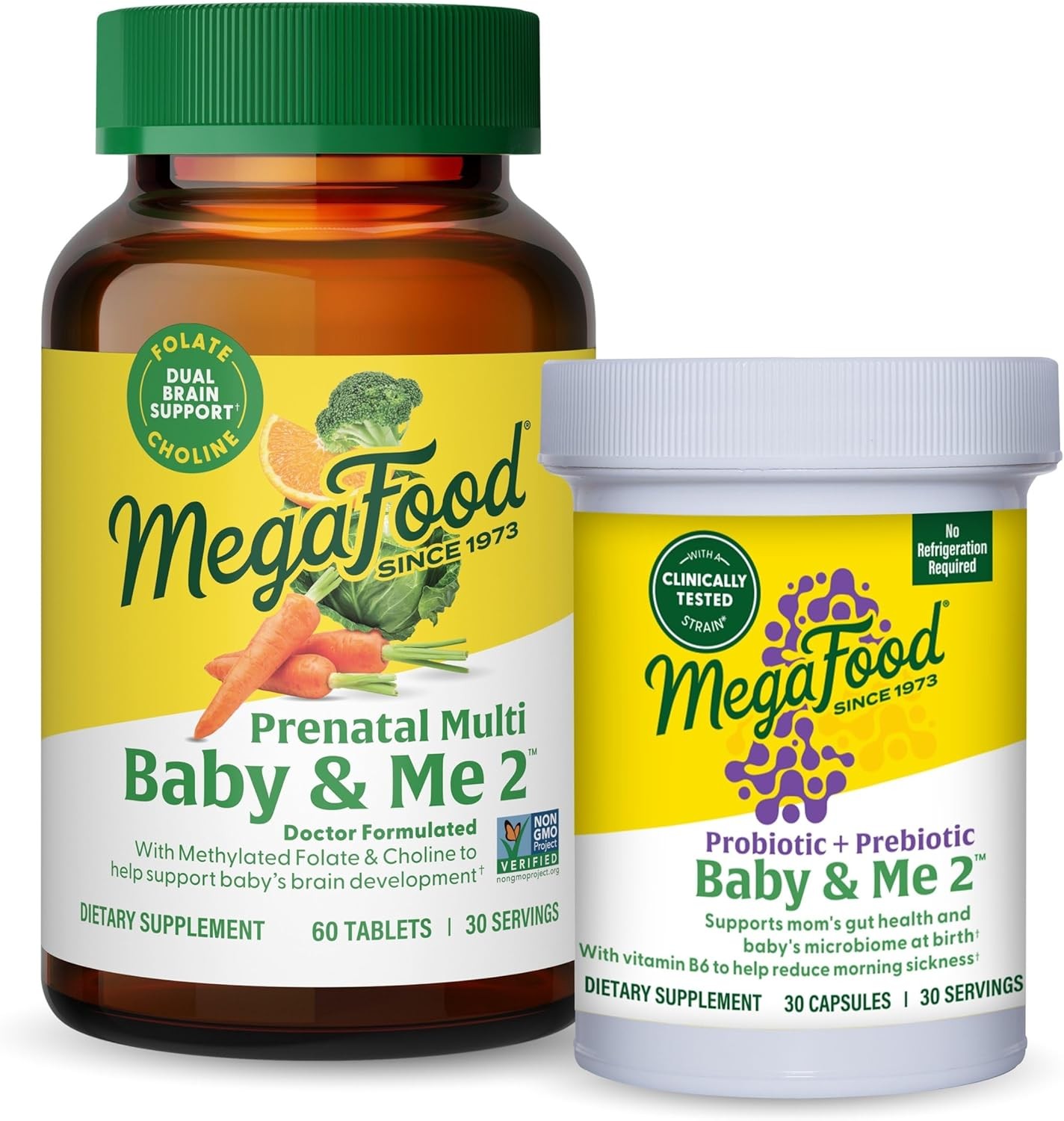 MegaFood Baby & Me 2 Bundle Pack - Prenatal Vitamin & Minerals (30 Servings) with Prenatal Probiotic & Prebiotic (30 Servings) - Women's Supplement for Pregnancy