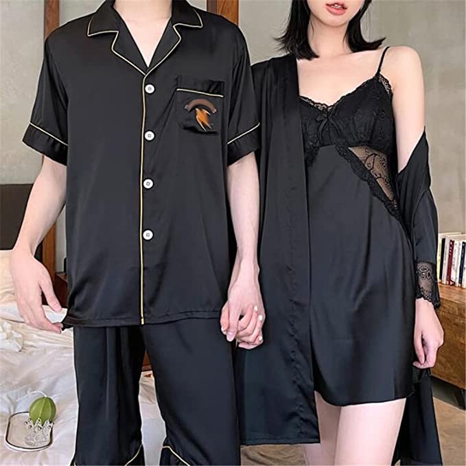 Black Couple Pajamas Women's Ice Silk Sexy Suspender Nightdress Two-Piece Suit Men's Short Sleeves (Color : A, Size : Men-XXLcode)