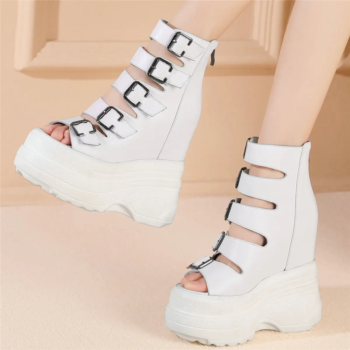 Open Toe Platform Pumps Women Genuine Leather Wedges High Heel Gladiators Sandals Female Ankle Straps Summer Fashion Sneakers