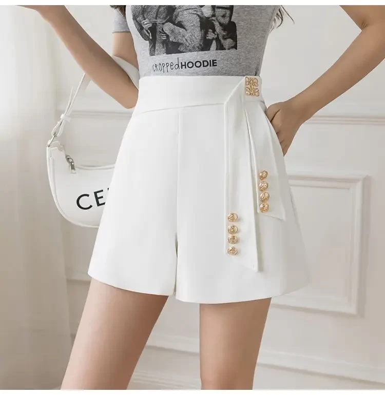 White Suit Shorts Women's Spring Autumn 2023 New High Waist A- line Slim with Lining Small Casual Wide-Leg Shorts Women