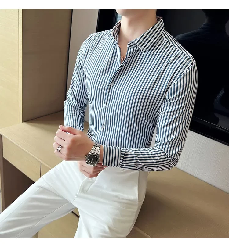 Sophisticated Wrinkle-free Stripe Long Sleeve Shirt Men's Slim Fit Business Classic Blue Casual Stylish