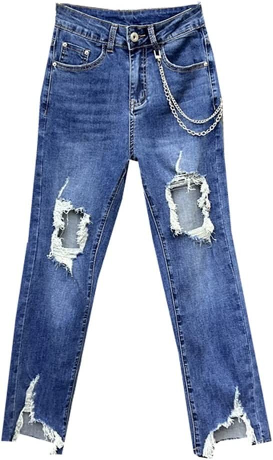 jeans Summer Jean Cropped Pants Ripped Frayed Hem Straight-leg Denim Pants Thin Jeans for Women Stretch Jeans (Color : Picture color, Size : 27 code)