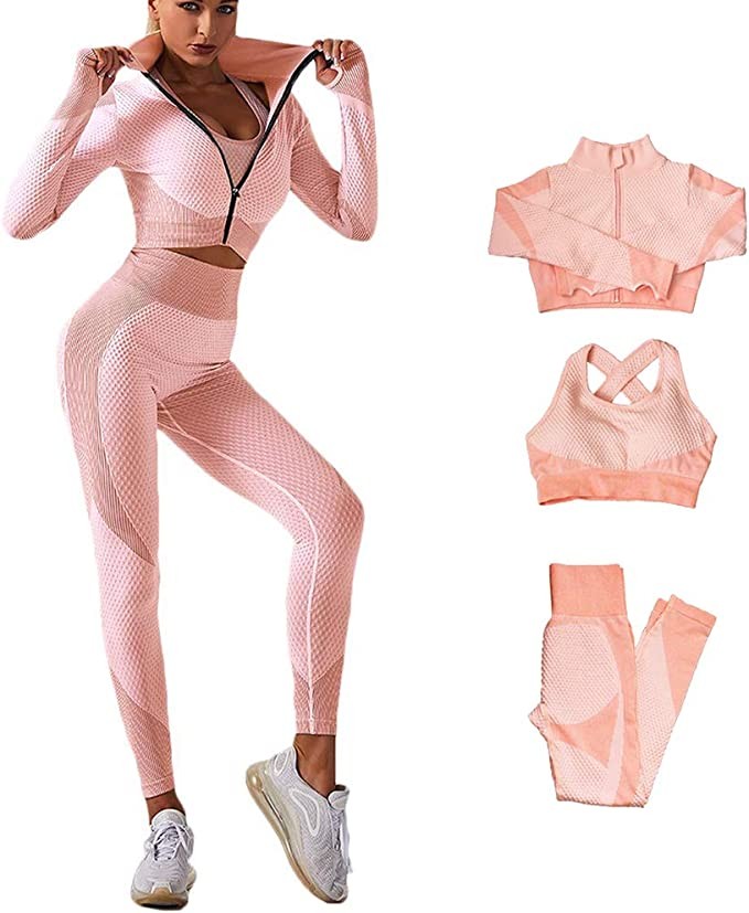 Veriliss 3 Piece Seamless Suit Gym Suit Women Fitness Exercise School Running Wear Yoga Activewear
