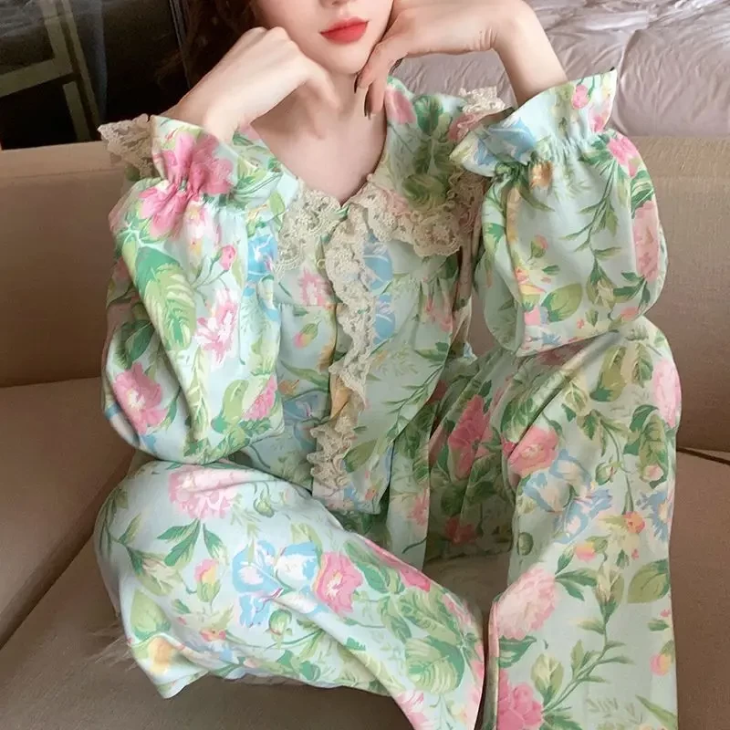 New Spring Korean Style Student Sweet Pajamas Set Women Lace Trim Puff Sleeve Home Suit Female Foral Print Sleepwear Loungewear