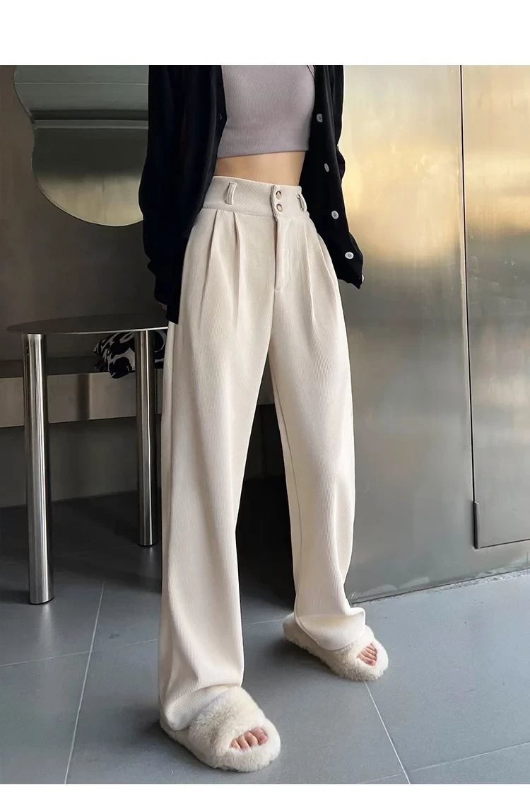 New Autumn 2025 Winter Women Fashion Elegant Wide Leg Pants Women Thick Warm Corduroy High Waist Solid Loose Trousers R56