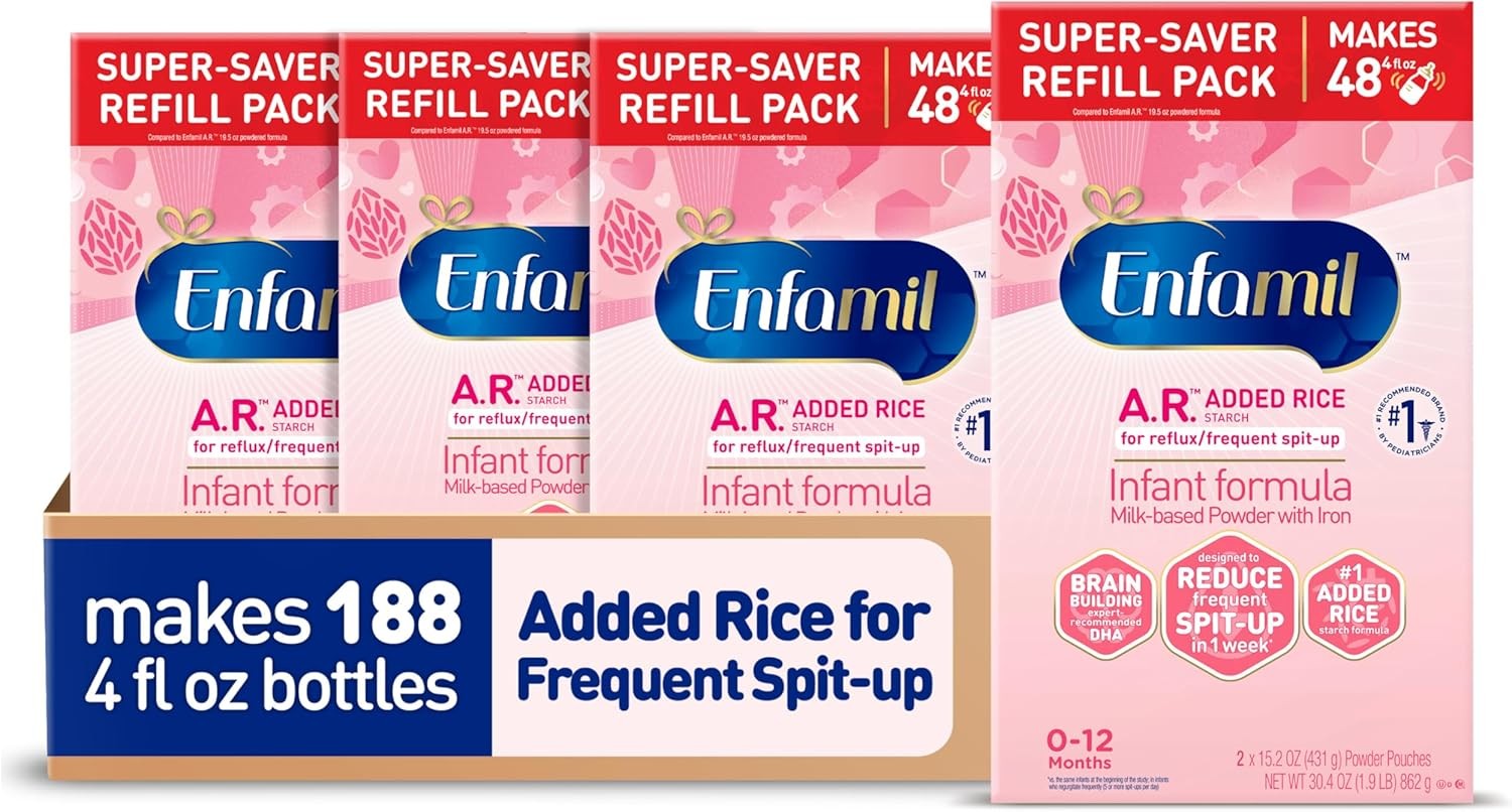 Enfamil A.R. 婴儿配方奶粉,添加米淀粉配方,减少反流和吐奶,DHA 促进大脑发育,益生菌支持消化和免疫健康,婴儿牛奶,30 盎司盒装,4 支装