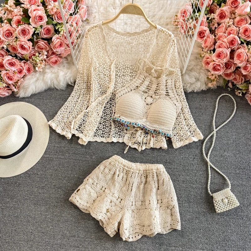 Amolapha Women Summer Beach Style 3-piece Sets Hollow Out Tops+Spaghetti Strap Vest+Crochet Short Pants Female Vacation Suits
