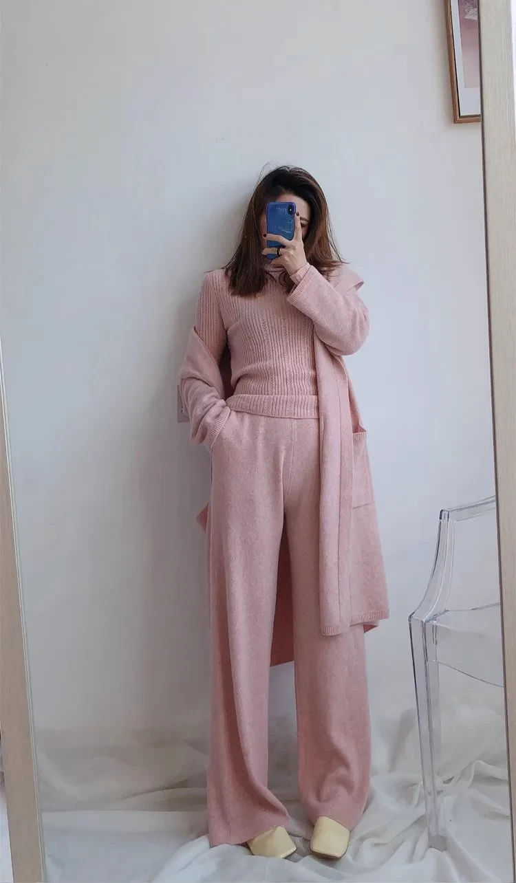Autumn and Winter Cashmere Wide Leg Pants Women's Knitted High Waist White Casual Pants Loose Straight Tube Wool Outerwear Pants