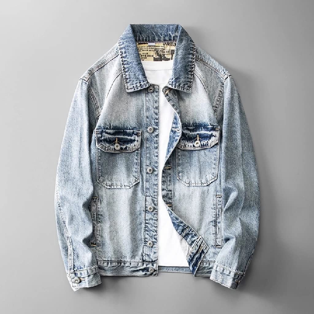 HLDETH Spring Loose Men Denim Jacket Street Hip Hop Pocket Outerwear Grey Youth Clothing Jeans Coat (Color : A, Size : XXL Code)