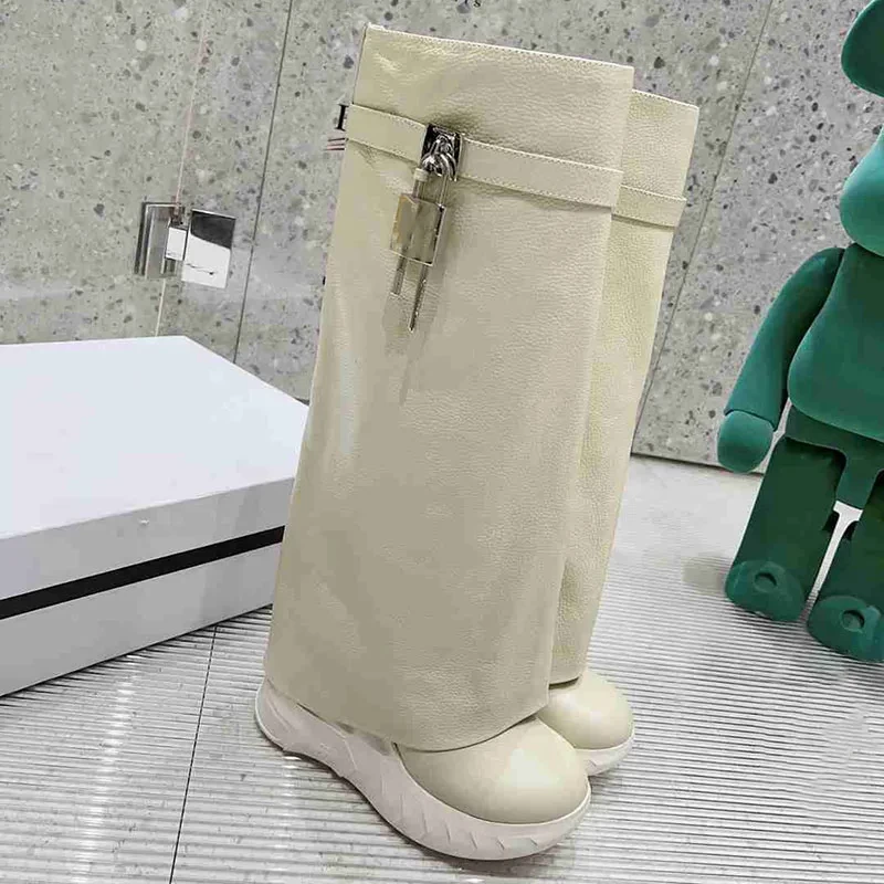 Luxury Fashion Women’s Long Boots The Knee Boots New 2023 Platform Wedge Heel Boots Round Toe Shoes Shark Lock Vintage Popular