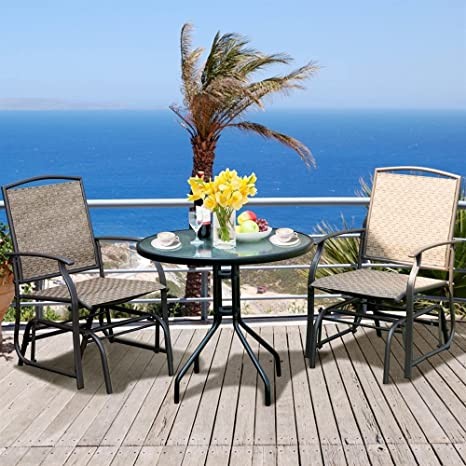 WYKDD 3PCS Patio Bistro Furniture Set Rocking Glider Chair Glass Table W/Umbrella Hole