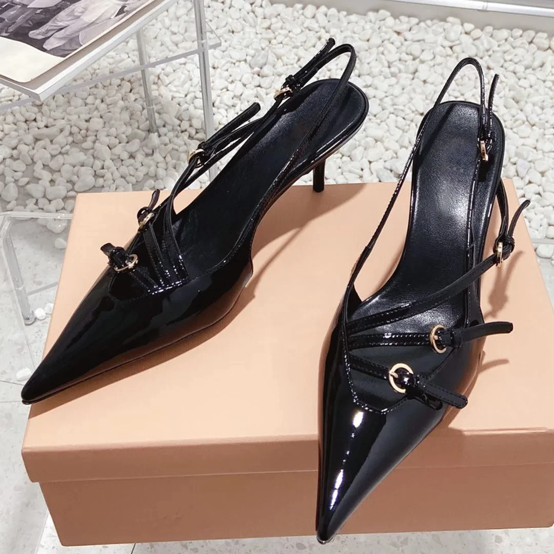 2023 Newest Spring Summer Kitten Heel Sandals Genuine Leather Women Shoes Solid Color Pointed Toe Buckle Decor Trendy Elegant
