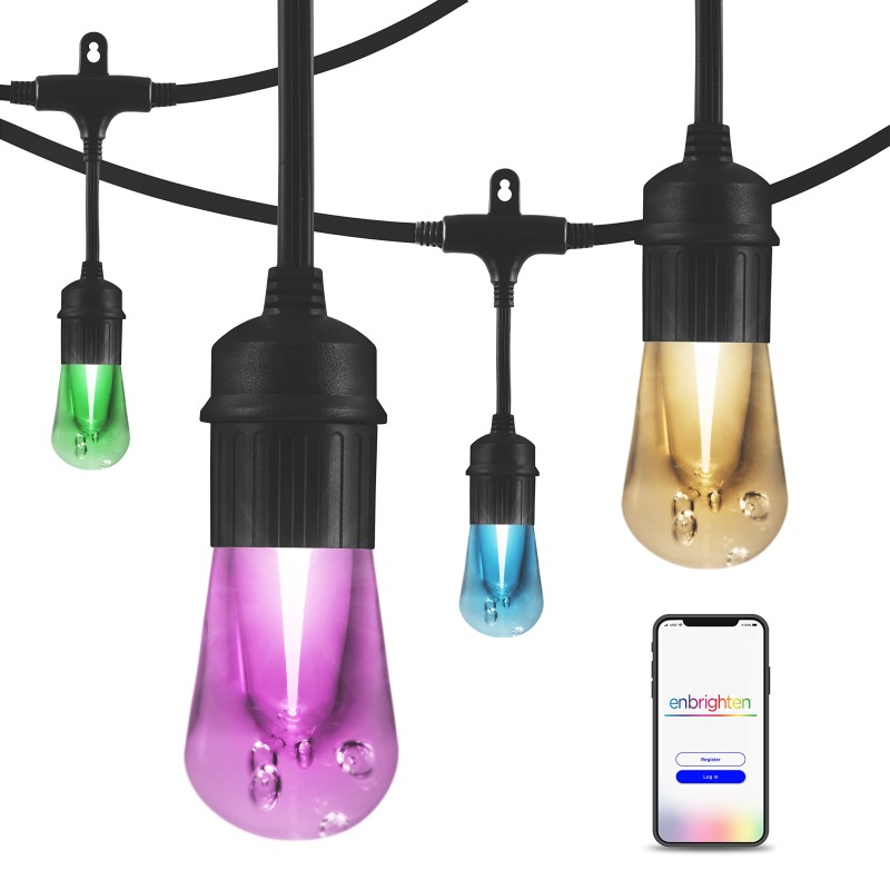 Enbrighten LED Wi-Fi Smart Vintage Café Lights, 48ft, Multicolored/White, Patio, Backyard, Deck, Porch, Outdoor Lighting, Various Color Options, Smart Control, Bluetooth, Vintage Bulbs, 57415