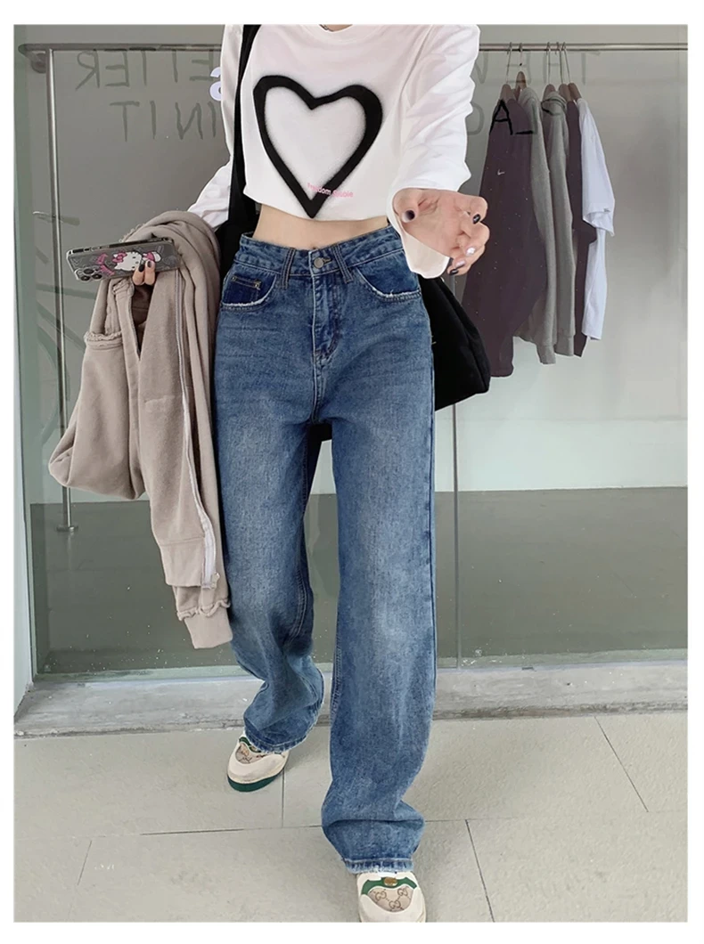 FINEWORDS Vintage Casual Wide Leg Jeans For Women Back Pocket Printed Casual High Waist Jeans Punk Easymatch Straight Jeans