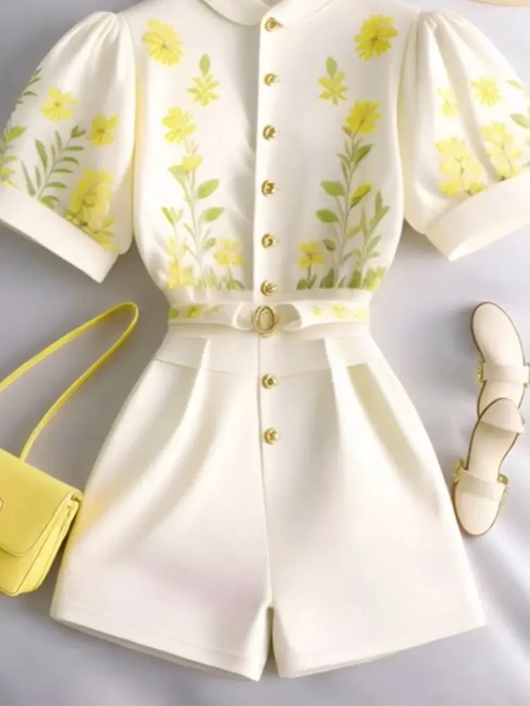 Short Tailored Trousers Retro Printed Short Sleeved Shirt Puff Short Sleeve Blouse Korean Tops 2 Piece Sets White Shorts Suits