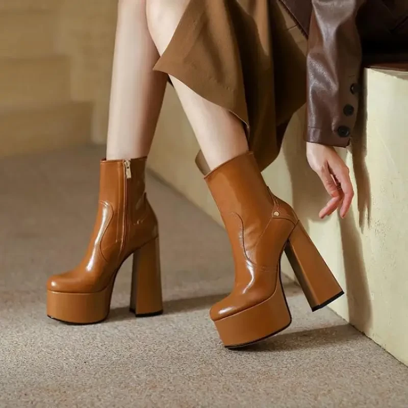 Fashion Show Ankle Boots Heels 2021 Autumn Round Toe Thick Heel Zipper Women&#39;s Platform Boots Brown Cow Leather Shoes Pumps