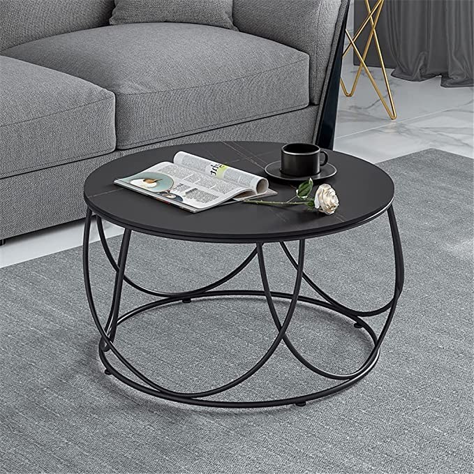 ZHYH Nordic Minimalist Slate Living Room Coffee Table Small Round Iron End Side Table Gold Marble Bedside Table (Color : Black, Size : 45 * 80cm)
