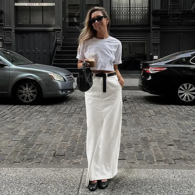 HOUZHOU White Split Long Skirt Women Fashion Casual High Waist Slim Straight Maxi Skirt Korean Elegant Office Lady Autumn 2023