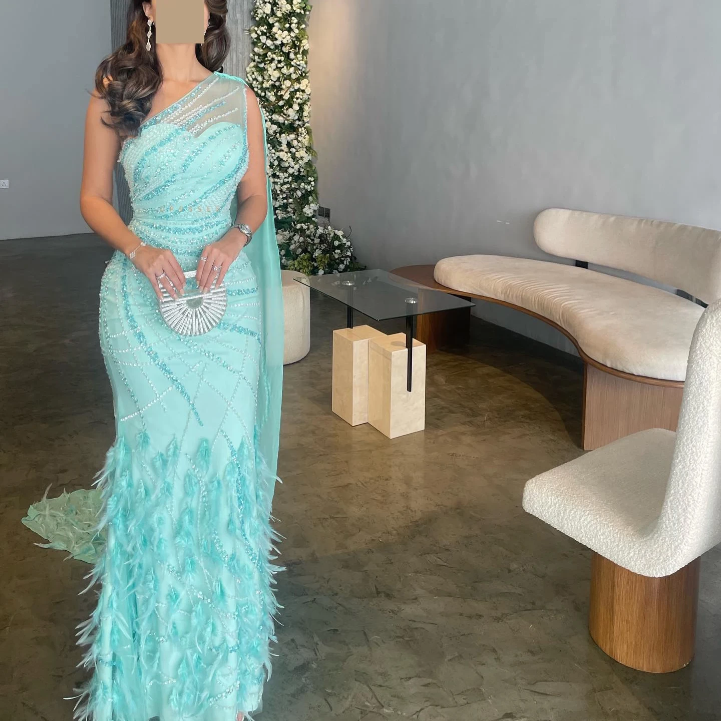 Sharon Said Luxury Feather Turquoise Aqua One Shoulder Mermaid Evening Dress with Cape Train Long Prom Wedding Party Gowns SS498
