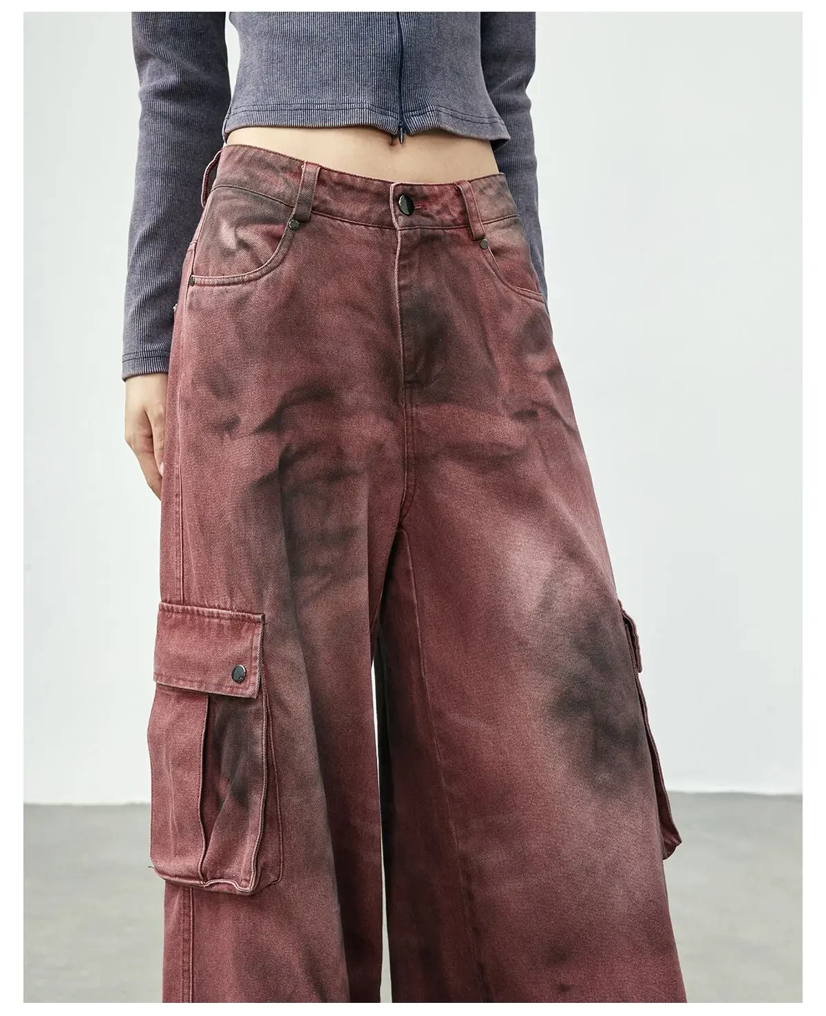 High street hip hop burgundy splashed ink straight high waisted jeans y2k baggy American hottie floor mopping cargo pants women