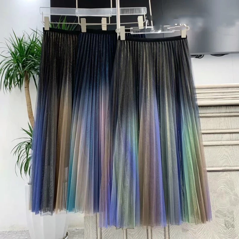 Autumn Rainbow Colorful Metallic Maxi Long Tulle Skirts Gradient Shine Mesh A-line Pleated Ankle Long Skirts