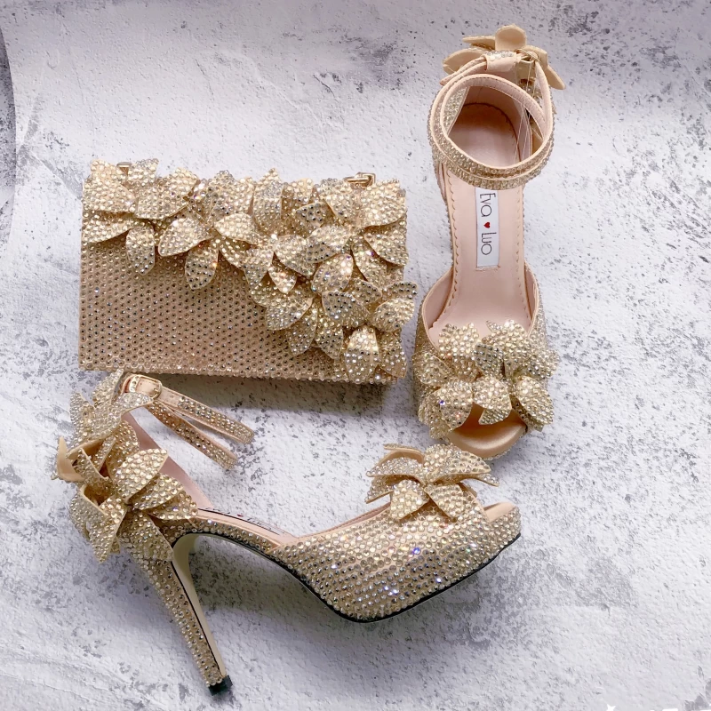BS1628 New Design Customizable Women Shoes Floral Bridal Wedding Shoes Champagne Gold Flower Shoes With Matching Bag