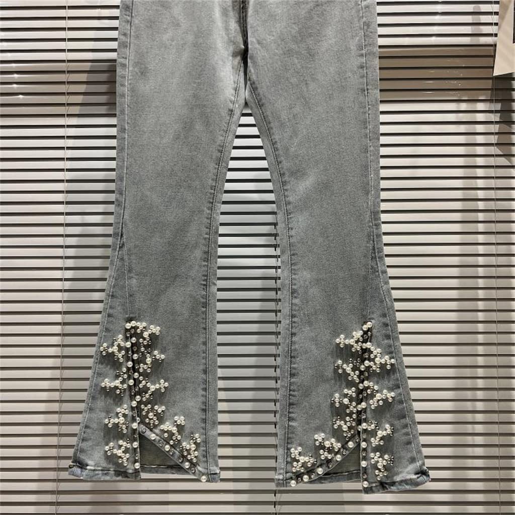 jeans Spring Denim Trousers Pearl Beaded Stretch Slim Jeans for Women Ladies Blue Skinny Flared Jean Feminino (Color : Picture color, Size : L code)