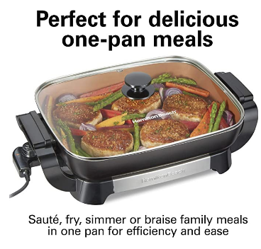 Hamilton Beach Durathon Ceramic Electric Skillet with Removable 12x15” Pan, Adjustable Temperature, Reversible Design, Tempered Glass Lid (38529K)