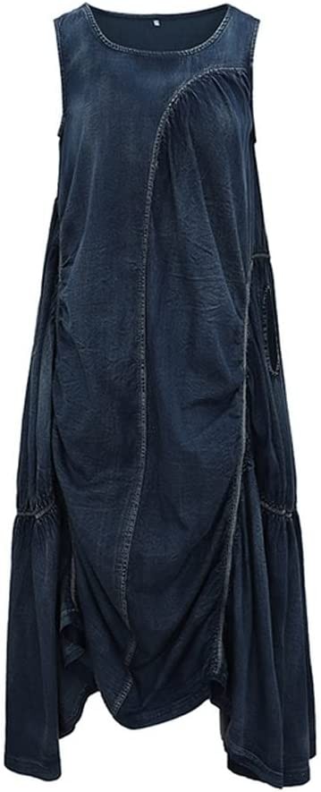 Women Long Mid-Calf Sleeve Denim Summer Dresses Irregural Big Hem A-line (Color : A, Size : M Code)