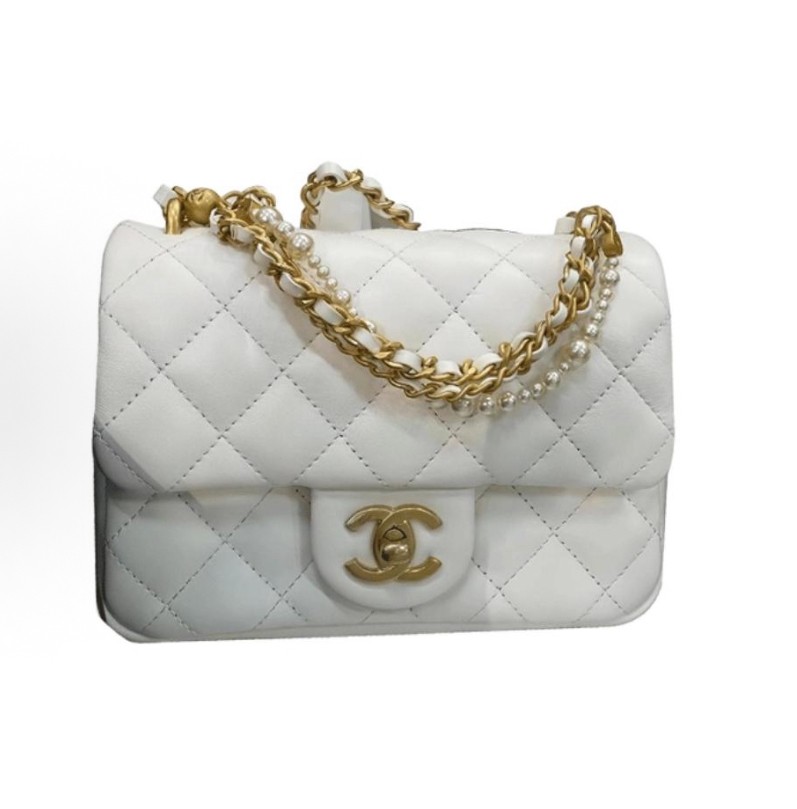 CHANEL香奈儿 24P春夏 白金珍珠链条 方胖子 皮穿链 菱格 亮面小羊皮 斜挎包 迷你 女款 白色