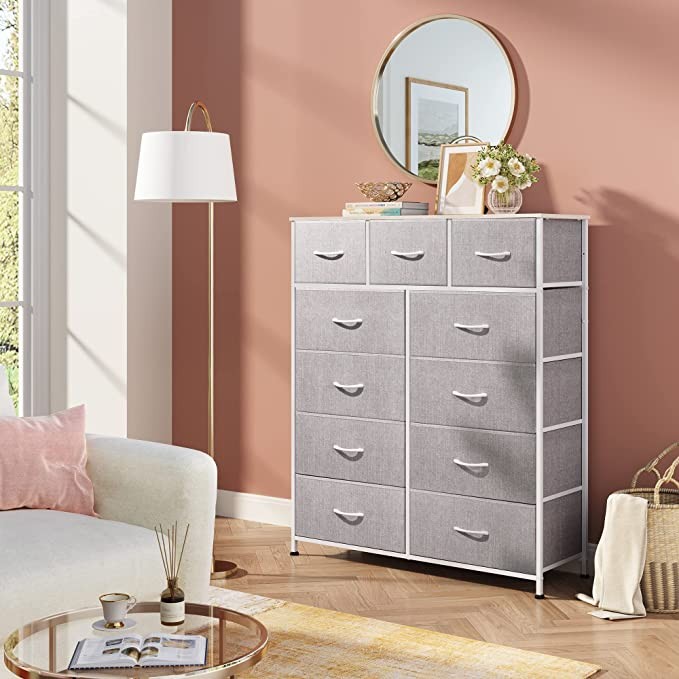 WLIVE 11 抽屜梳妝台,織物儲物塔,適用於臥室、走廊、托兒所、衣櫥,高胸收納櫃,附紋理印花織物箱,鋼框架,木質頂部,易拉手柄,淺灰色