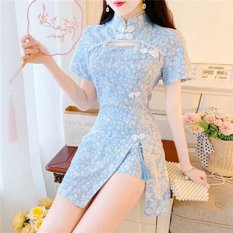 SWEETXUE Women Outfits Sweet Elegant Cheongsam Beaded Lace Print Embroidered Hollow out Dress Top + Shorts Two-Piece Suit Lady