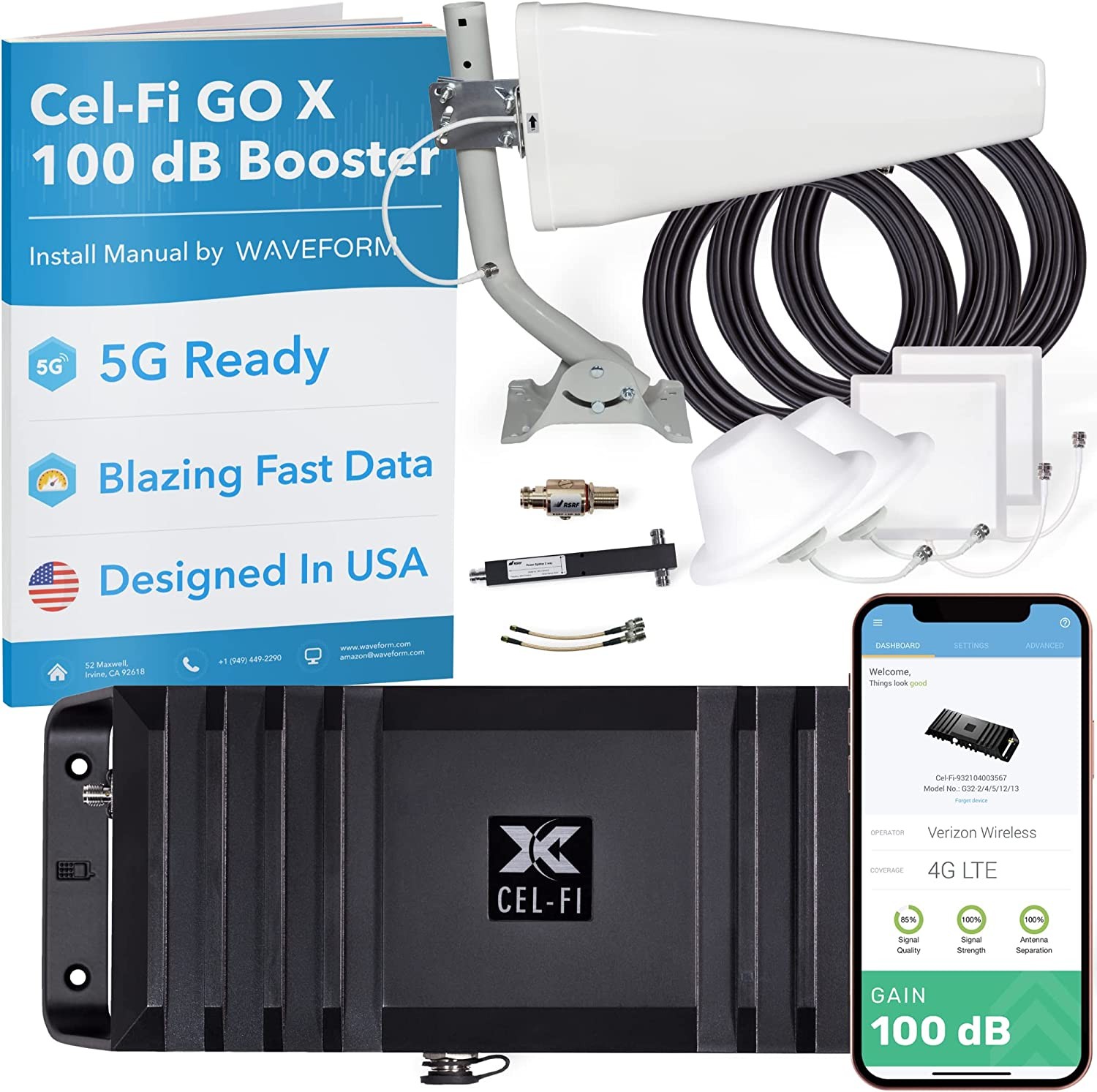 Cel-Fi GO X | The Only 100 dB Single-Carrier Cell Phone Signal Booster for Homes & Offices | Verizon, AT&T, Or T-Mobile | 2 Antenna Kit