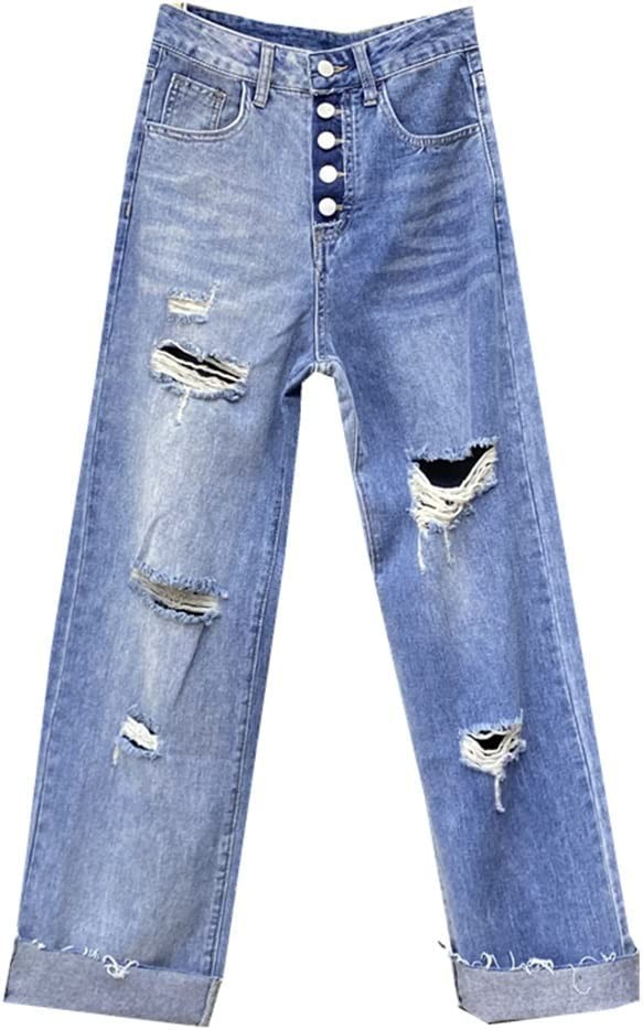 Jeans Summer Denim Trousers for Women Ripped Hole Wide-Legged Pants Trousers Single-Breasted Loose Casual Jeans (Color : Picture Color, Size : S Code)