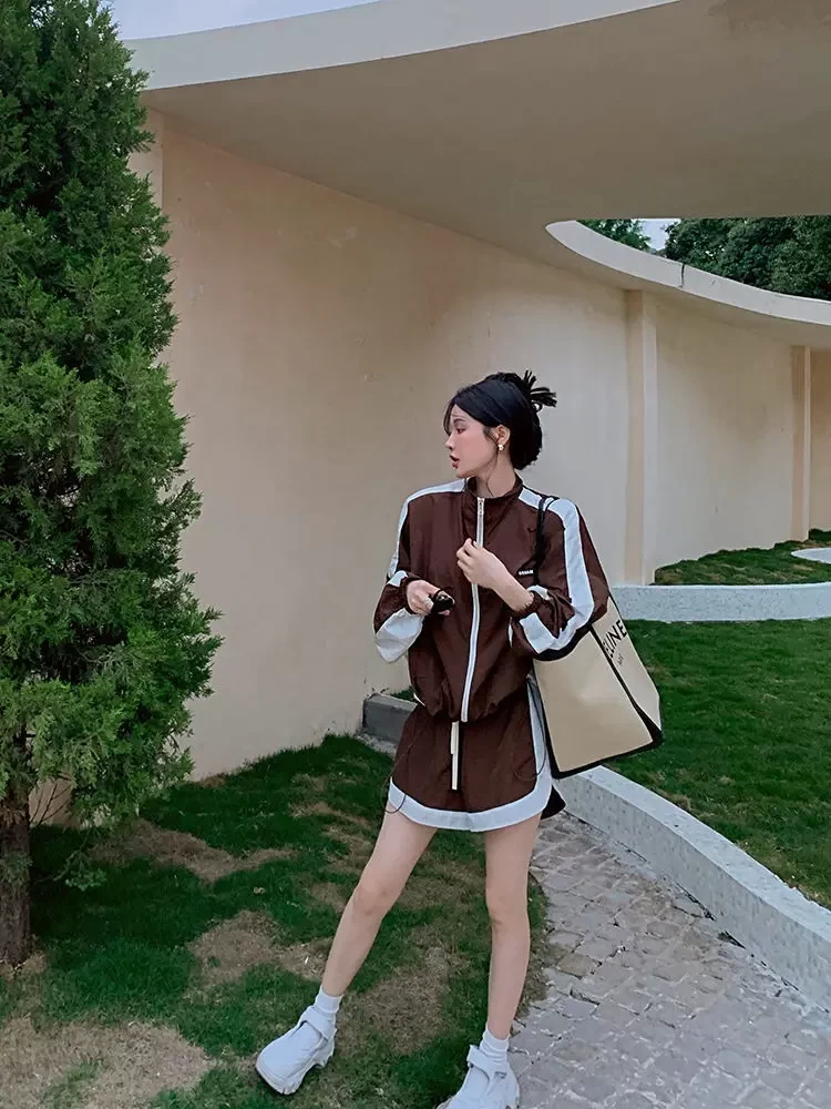 HOUZHOU Korean Style Black Two Piece Shorts Sets Women Outfits Gorpcore Harajuku Streetwear Oversize Patchwork Zip Jacket Female