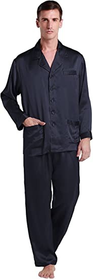 LilySilk 男士丝绸睡衣 22 Momme 长袖休闲柔软舒适撞色边饰 100% 真丝