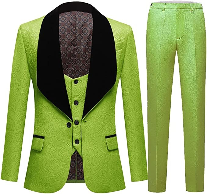 WALNUTA Groom Green Jacquard Men's Suit Set Tuxedo Men's Wedding Party Groomsmen Suit 3PCS (Jacket + Trousers + Vest)